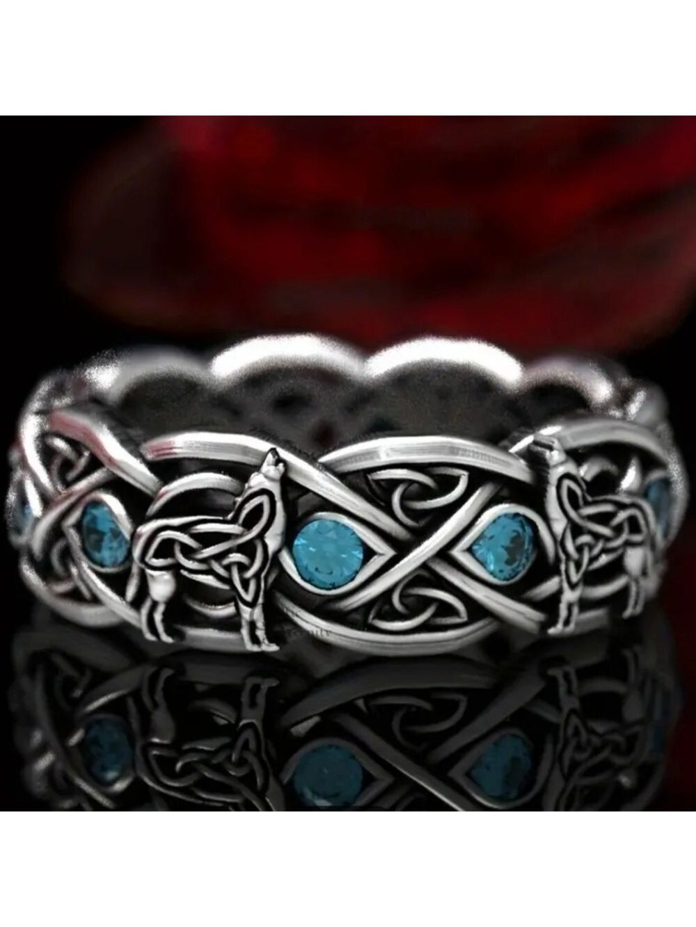 Celtic Blue Rhinestone Wolf Ring Double Wolf NWT